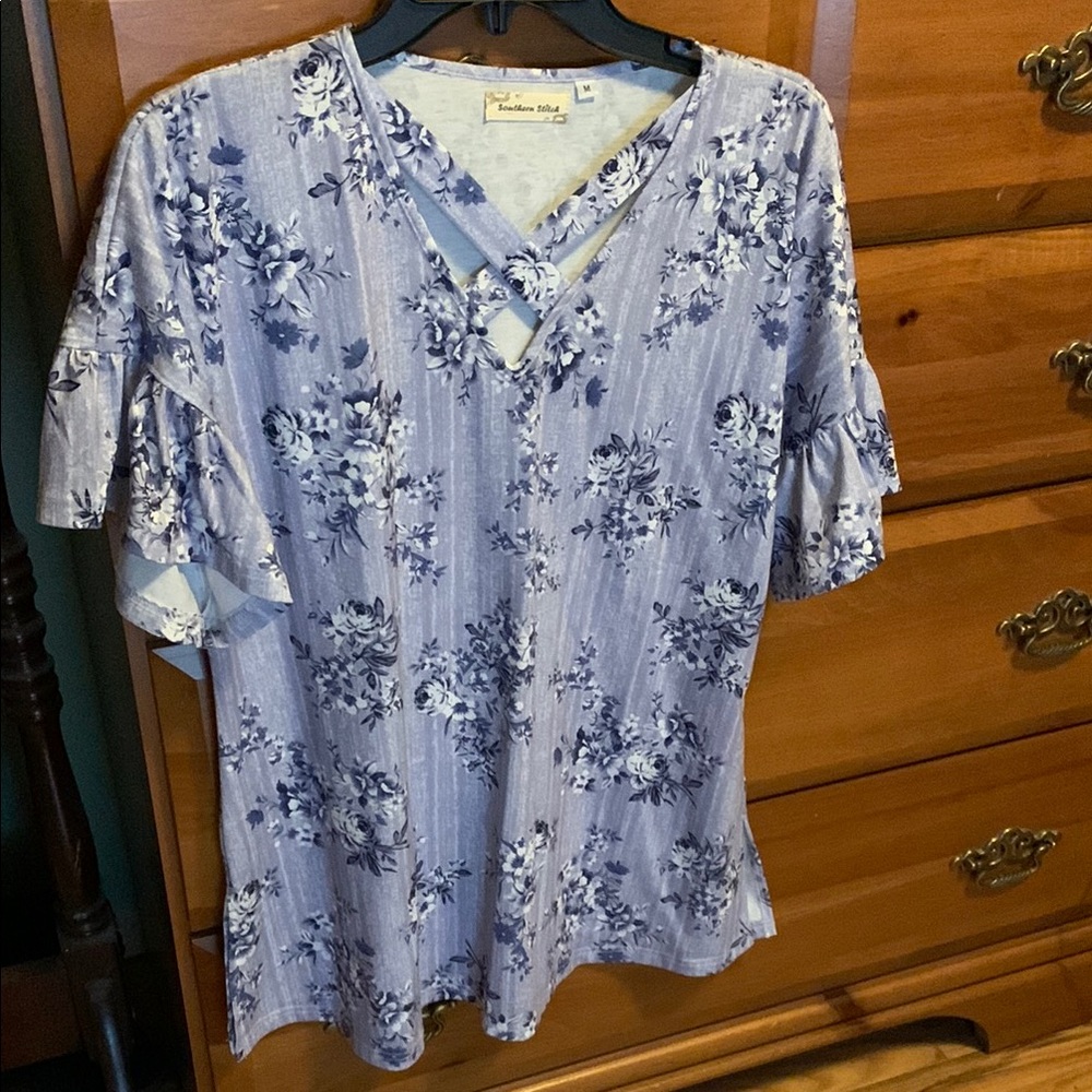 Blue Ribbed Flutter Sleeve Blouse with Tie Front new never worn